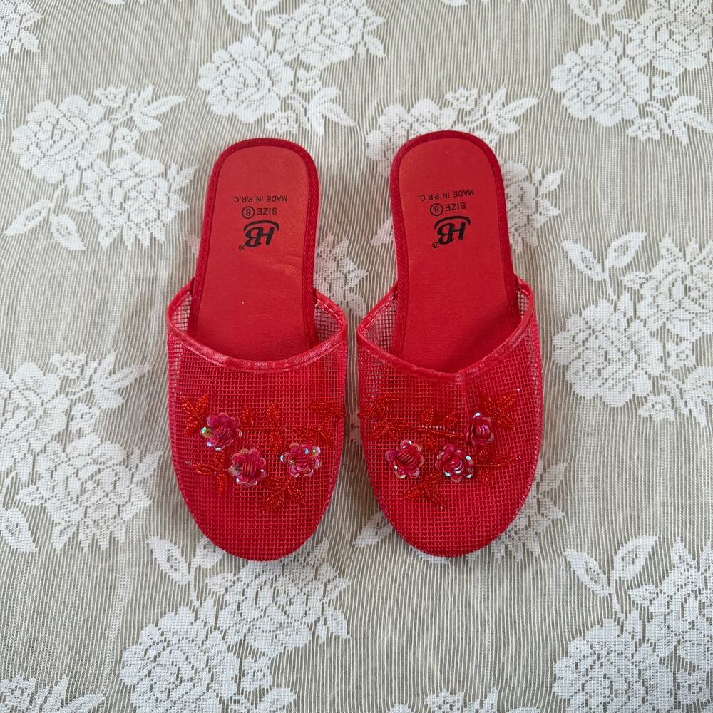 Y2K Red Mesh Floral Sequin Slide Sandals Size 8